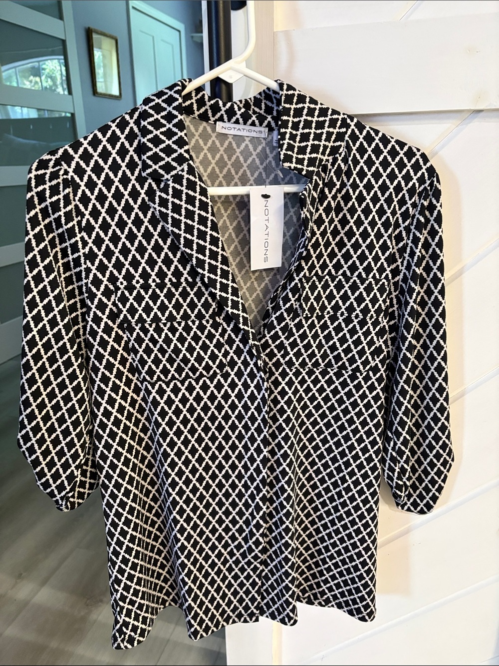 Notations Black & White Diamond Lattice Button-Front Blouse
